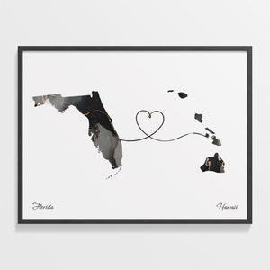 Print Florida naar Hawaï, Hawaiiaans cadeau, marmeren kaartposter twee landen, reiskunst, emigratiekaart, C22-1310