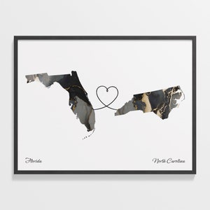 Florida to North Carolina Druck, Nordcarolinian Geschenk, Marmor Zwei Länder Karte Poster, Reisekunst, Auf Wiedersehen, C22-1326