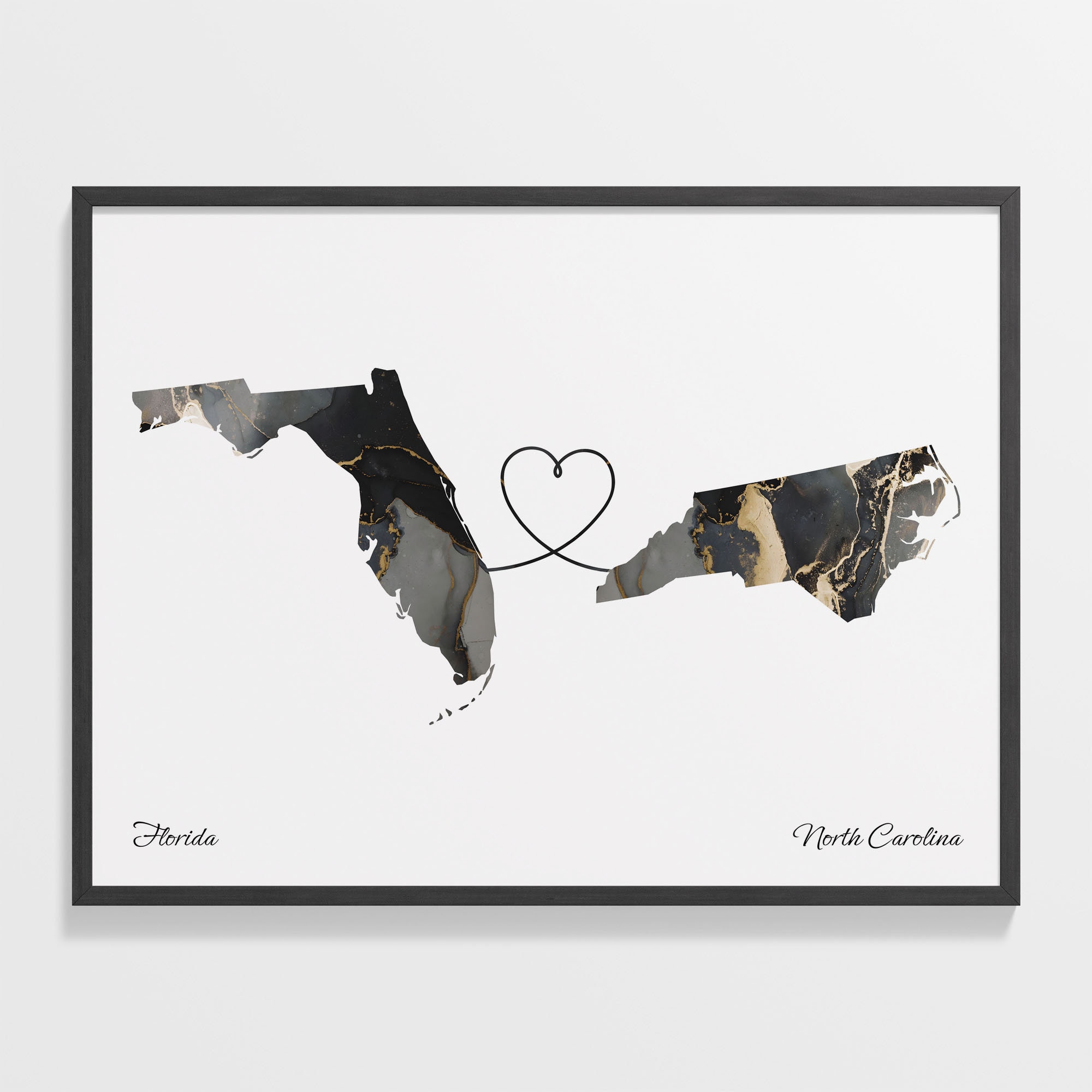 Florida to North Carolina Print, North Carolinian Gift, Marble Two Countries Map Poster, Travel Art, Goodbye, C22-1326