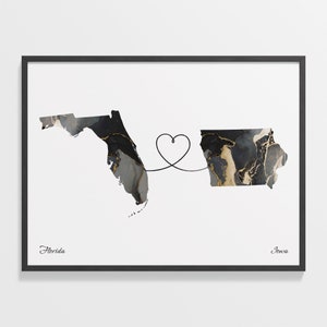 Print Florida naar Iowa, Iowan cadeau, marmer kaart poster twee landen, reiskunst, vriendschap, C22-1311