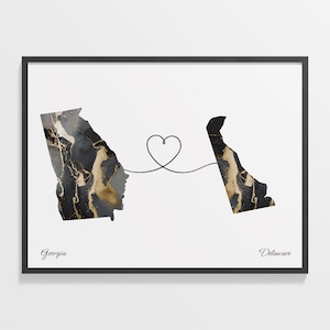 Georgia to Delaware Print, Delawarean Gift, Marble Two Countries Map Poster, Travel Art, Moving Overseas Gift, C22-1567