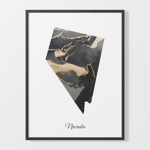 Nevada Art Print, Nevadan Map Poster, Elegantes Land Kunstwerk, Schwarz und Gold glitzernede Landkarte, Gold und schwarze Karte, C25-233