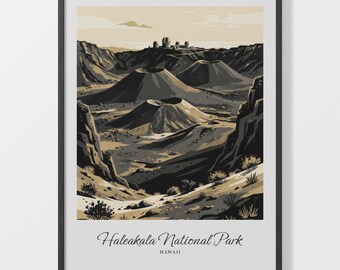 National Park Print, Haleakala Volcano Landscape in Beige and Black