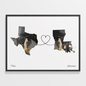 Texas nach Louisiana Druck, Louisianan Geschenk, Marmor zwei Länder Karte Poster, Reisekunst, Reise ins Ausland Karte, C22-1265