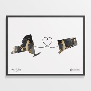 New York to Connneticut Print, Portanax Geschenk, Marmor Zwei Länder Karte Poster, Reisekunst, Umzug ins Ausland Geschenk, C22-1357