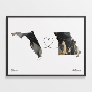 Florida naar Missouri print, Missourian cadeau, marmer twee landen kaart poster, reizen kunst, studeren in het buitenland, C22-1323