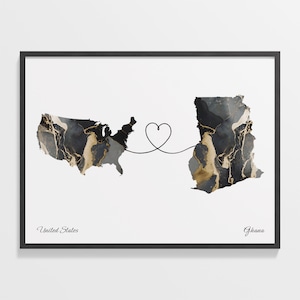 USA to Ghana Print, Ghanaisches Geschenk, Marmor Zwei Länder Karte Poster, US Wandkunst, Abenteuer erwartet Karte, C22-68