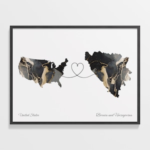 USA to Bosnien und Herzegowina Druck, bosnisches Geschenk, Marmor zwei Länder Karte Plakat, US Wandkunst, Auswanderungskarte, C22-23