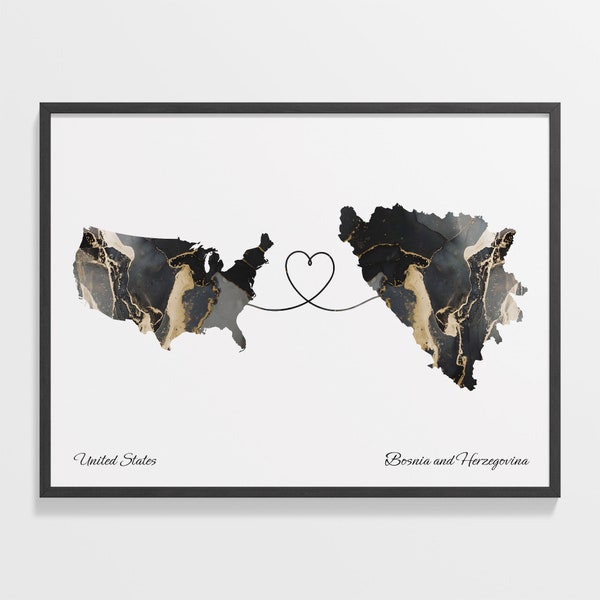 USA to Bosnia and Herzegovina Print, Bosnian Gift, Marble Two Countries Map Poster, US Wall Art, Emigration Map, C22-23