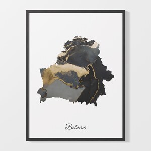 Weißrußland Kunstdruck, Weißgoldene Karte Poster, Elegante Landkarte, Schwarz Gold Gemälde, Weißes Landkarte Poster, C25-16