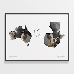 Impresión de Australia a Guatemala, regalo guameño, cartel de mapa de dos países de mármol, arte de viaje, regalo de viaje al extranjero, C22-868