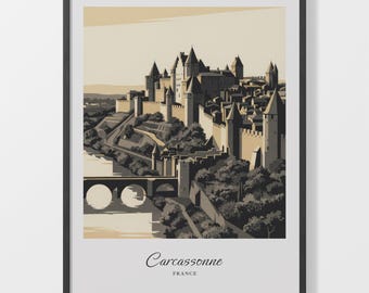 Carcassonne Print, Beige Medieval City Poster in Matte Paper