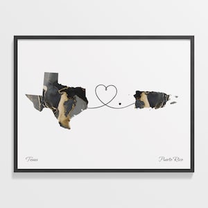 Texas to Puerto Rico Druck, puerto-ricanisches Geschenk, Marmor zwei Länder Karte Poster, Reisekunst, Länder Herzkarte, C22-1747