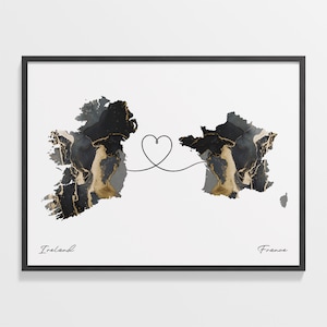 Irland Frankreich Druck, Französisches Geschenk, Marmor Zwei Länder Karte Poster, Reisekunst, Abschiedsreisekarte, C22-1056