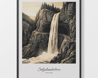 Waterfall Poster, Seljalandsfoss Iceland Vintage Landscape Print, Scenic Nature Wall Decor