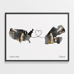 USA to Dschibuti Druck, Dschibuti Geschenk, Marmor zwei Länder Karte Poster, US Wand Kunst, Volunteer, C22-48