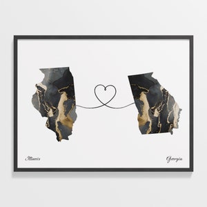 Illinois to Georgia Print, Georgian Gift, Marble Two Countries Map Poster, Travel Art, Moving Away Gift, C22-1465