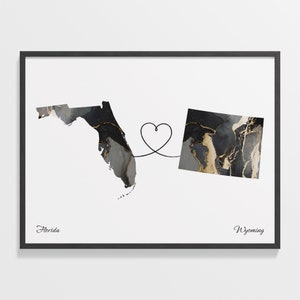 Florida to Wyoming Print, Wyomingite Gift, Marble Two Countries Map Poster, Travel Art, Dual Citizenship, C22-1350