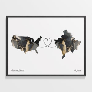 USA to Kosova Print, Kosovar Poster, Marmor Zwei Länder Karte Poster, US Wandkunst, Länder Herz Geschenk, C22-97