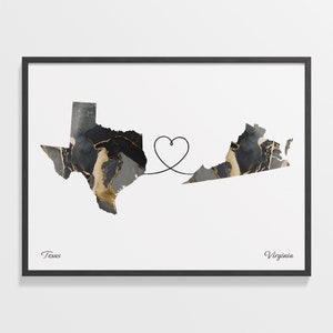 Texas, Virginia Druck, Virginian Geschenk, Marmor zwei Länder Karte Poster, Reisekunst, weit auseinander, C22-1293