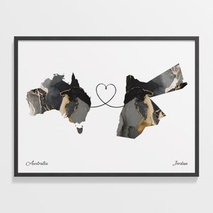 Australien Jordanien Druck, Jersey Geschenk, Marmor Zwei Länder Karte Poster, Reisekunst, Länder Herz, C22-888