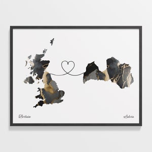 Großbritannien nach Lettland Druck, Lettische Geschenk, Marmor Zwei Länder Karte Poster, Wandkunst UK, Liebe in Übersee, C22-300