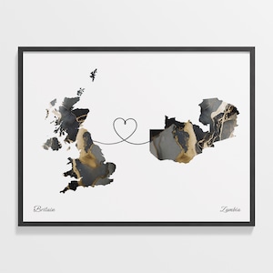 Großbritannien zu Sambia Druck, Sambische Geschenk, Marmor zwei Länder Karte Poster, UK Wand Kunst, Faraway Liebe Geschenk, C22-397