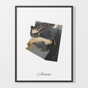 Arizona Druck, Arizona Karte Poster, Elegante Landkarte, Schwarz und Gold AZ Karte, Goldfolie Kartendruck, C25-204