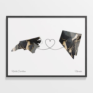 North Carolina to Nevada Print, Nevadan Gift, Marble Two Countries Map Poster, Travel Art, International Love, C22-1644