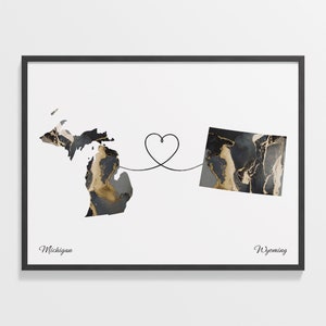Michigan to Wyoming Print, Wyomingite Gift, Marble Two Countries Map Poster, Travel Art, Expat Gift, C22-1714