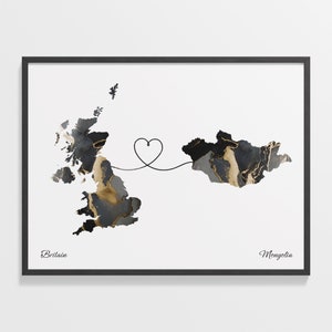Britain to Mongolia Print, Mongolian Gift, Marble Two Countries Map Poster, UK Wall Art, Friendship Gift, C22-322