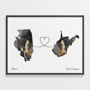 Illinois to West Virginia Print, West Virginian Gift, Marble Two Countries Map Poster, Travel Art, Travel Map, C22-1505