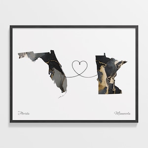 Print Florida naar Minnesota, cadeau Minnesota, marmer twee landen kaart poster, reiskunst, LDR-kaart, C22-1322