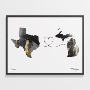 Texas to Michigan Print, Michigander Gift, Marble Two Countries Map Poster, Travel Art, Moving Overseas, C22-1269