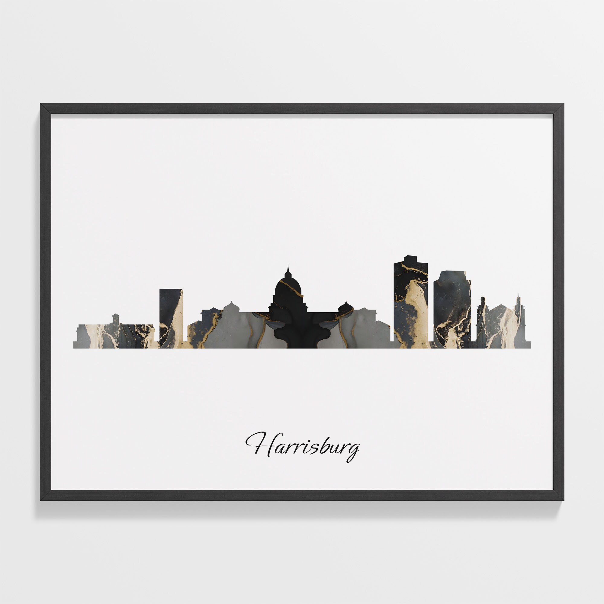 Harrisburg Skyline Print, Marble Cityscape, United States Wall Art Poster, Gold Cityscape, Cityscape Art Print, C28-267