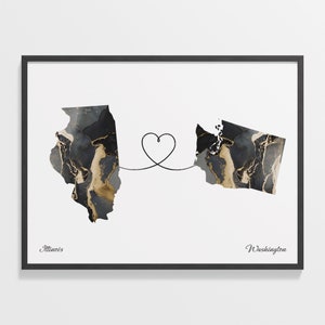 Illinois to Washington Print, Washingtonian Gift, Marble Two Countries Map Poster, Travel Art, Travel, C22-1503