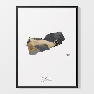 Yemen Art Print, Yemeni Map Poster, Elegant Country Artwork, Black and Gold YE Painting, Exclusive map art, C25-197