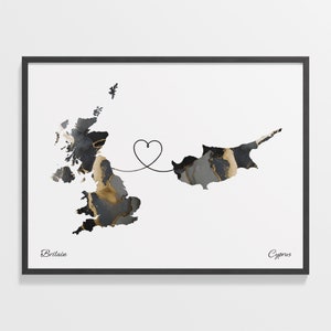 Von Großbritannien nachZypern,Zypern Geschenk,Marmor Zwei Länder Karte Poster, Wandkunst Großbritannien, Gap Jahr Geschenk, C22-244