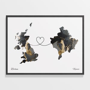 Großbritannien nach Kosova, Druck, Kosovar Geschenk, Marmor Zwei Länder Karte Poster, Wandkunst Großbritannien, Länder Herzkarte, C22-296