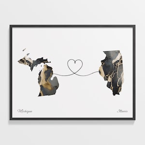 Michigan to Illinois Print, Illinoisan Gift, Marble Two Countries Map Poster, Travel Art, Borderless Love, C22-1677