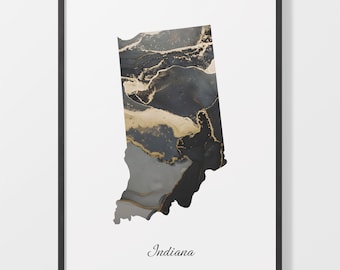 Indiana Map Art Print: Black and Gold Abstract Hoosier Artwork