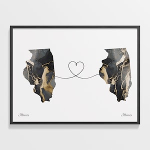 Illinois to Illinois Print, Illinoisan Gift, Marble Two Countries Map Poster, Travel Art, Moving Overseas Map, C22-1469
