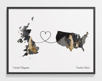 UK USA Map Print, Black Gold Heart Connection Artwork