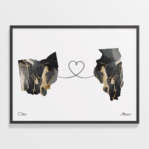 Ohio to Illinois Print, Illinoisan Gift, Marble Two Countries Map Poster, Travel Art, Study Abroad, C22-1521