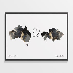 Australien Kasachstan Druck, Jordanien Geschenk, Marmor zwei Länder Karte Poster, Reisekunst, Länder Herz Geschenk, C22-889