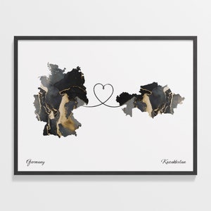 Deutschland Kalender Kasachstan Print, Jordanien Geschenk, Marmor Zwei Länder Karte Poster, Reisekunst, Borderless Love Map, C22-491