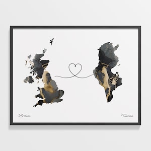 Großbritannien nach Tunesien Druck, Tunesische Geschenk, Marmor zwei Länder Karte Poster, UK Wandkunst, Heimat im Ausland, C22-383