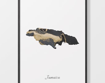 Jamaica Art Print, Jamaican Map Poster, Elegant Country Artwork, Black and Gold JM Painting, Designer map art, C25-90