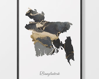 Bangladesh Map Art Print: Black and Gold Abstract Country Artwork