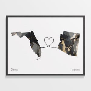 Print Florida naar Arizona, Arizonan cadeau, marmer twee landen kaart poster, reiskunst, nieuw land, C22-1302